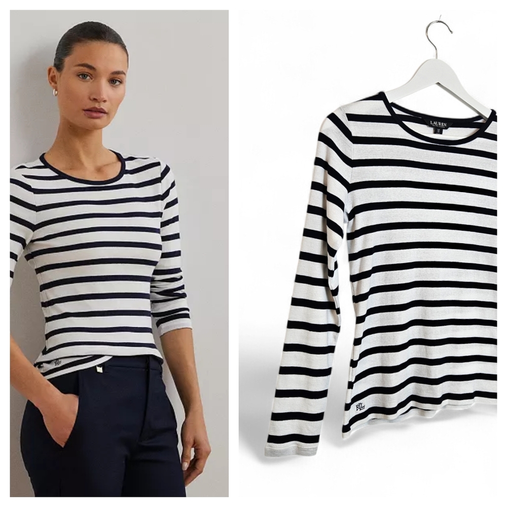 Lauren Ralph Lauren Tee S/P Long Sleeve Stretch Cotton Preppy White Regal Navy